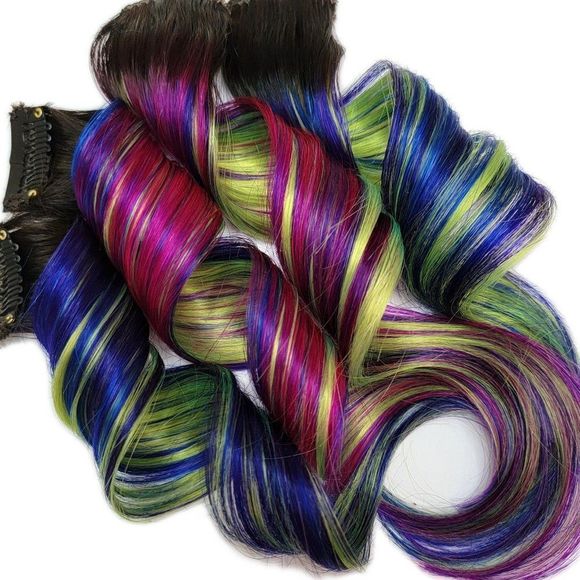 Black Blue Fuchsia Green Purple Double Drawn Clip in Remy Human Hair Extensions